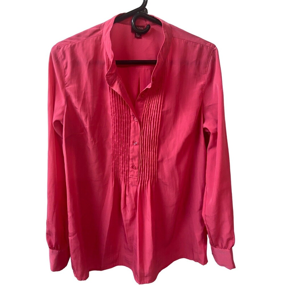 Merona Pleated Blouse Womens Size L  Dressy Long Sleeve  Office Work Button